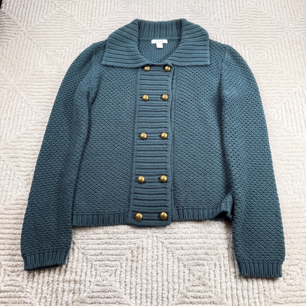 Dressbarn Cardigan Sweater Womens Large Teal Blue Brass Buttons Military Coastal